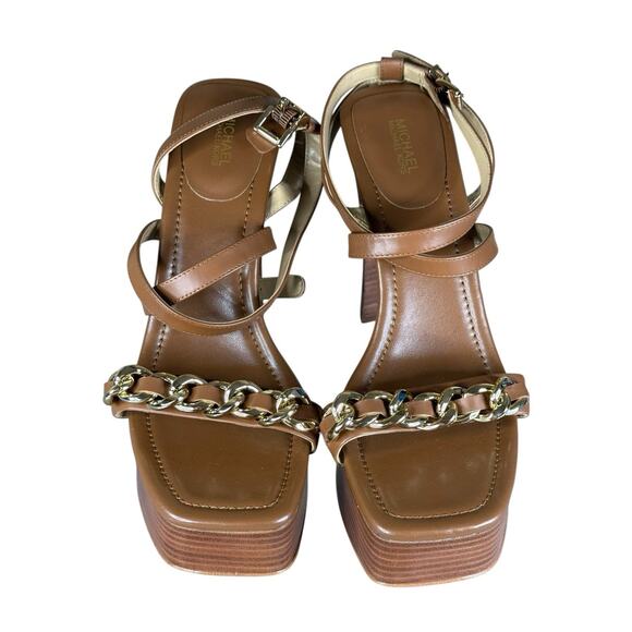 NEW Michael Kors Paola Chain Leather Platform Sandals Brown Gold Chain Size 9 - Picture 5 of 14